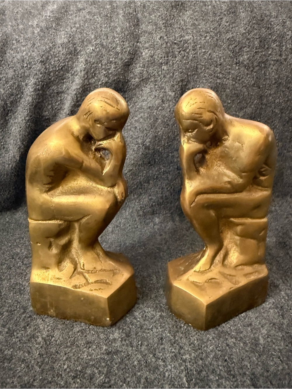 Pair Of Brass Finished "THE THINKER" Gold Toned Sculpture Bookends - Vintage